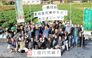 ピーマンの販売高が２年連続で１億円を突破したことを祝う生産者ら＝豊岡市但東町虫生（ＪＡたじま提供）