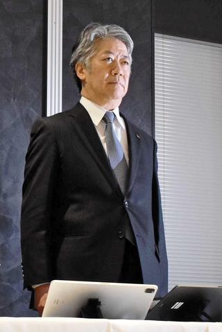 潜水艦裏金問題を受け、記者会見に臨む川崎重工業の橋本康彦社長＝２０２４年１２月２７日、東京都港区、川崎重工業東京本社