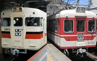 山陽電鉄の車両（左）と神戸電鉄の車両（右）