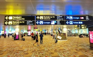 世界一と言われるシンガポール・チャンギ空港。サインは黄が搭乗、青がサービス、緑が医務室等で統一され視認性が高い（２０１９年、筆者撮影）