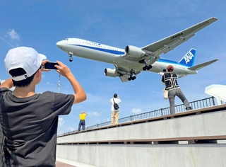 千里川右岸に整備された階段状のベンチ。着陸する航空機を真下から撮影できる＝大阪府豊中市原田中２