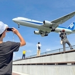 千里川右岸に整備された階段状のベンチ。着陸する航空機を真下から撮影できる＝大阪府豊中市原田中２