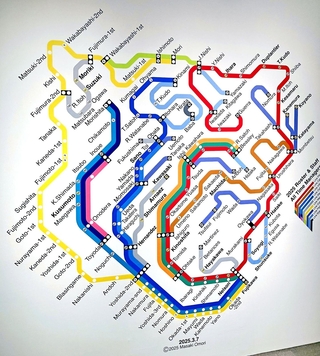 特別展「野球とデザイン」に出展された大森正樹さんの虎マーク路線図＝６月、西宮市中浜町、西宮市大谷記念美術館