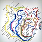 特別展「野球とデザイン」に出展された大森正樹さんの虎マーク路線図＝６月、西宮市中浜町、西宮市大谷記念美術館