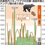 兵庫県内ツキノワグマの目撃・痕跡件数とドングリ類の実り具合