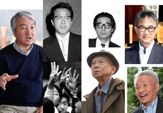 「兜町の男」を書いた黒木亮（左）から時計回りに清水一行、梶山季之、池井戸潤、高杉良、城山三郎（コラージュ）