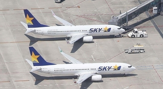 神戸空港に並ぶスカイマークの旅客機＝２０２０年８月、神戸空港