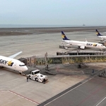 午前７時すぎの神戸空港。国内線の駐機場にはスカイマーク機がずらりと並ぶ＝１月、神戸市中央区