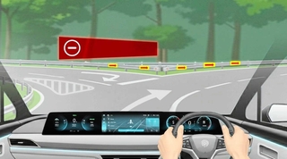 走行中のドライバーの前に進入禁止の警告を出現させ、逆走を防ぐイメージ図（三菱電機提供）