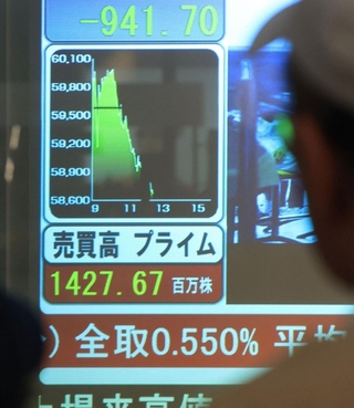 日経平均株価が一時６万円を超えたことを示すモニター。株価はその後下落した＝２３日午後、神戸市中央区三宮町１（撮影・丸山桃奈）
