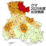 兵庫県内で２０２５年度に確認されたクマの出没痕跡（黒点）。色分けは半径10キロあたりの出没情報の密度を示している（県森林動物研究センター提供）