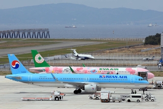国際空港となって１年の神戸空港。韓国・ソウルから到着した大韓航空機（手前）と、台湾・台北への出発を控えるエバー航空機＝４月１７日、神戸市中央区