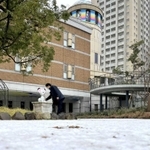 雪が降り積もった宝塚市立文化芸術センターの庭園＝宝塚市武庫川町
