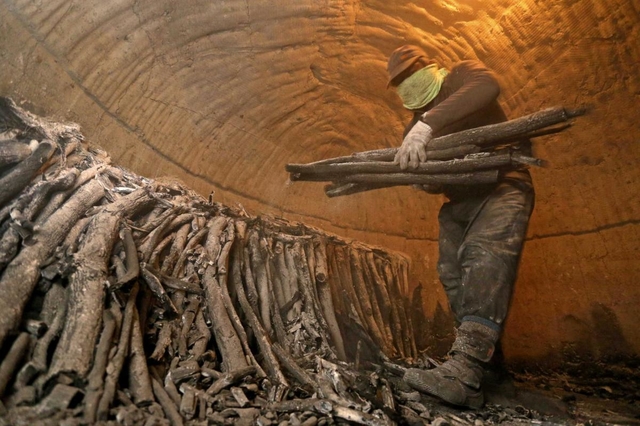 高温の窯の中で炭を運び出す作業に精を出す今西学さん＝川西市