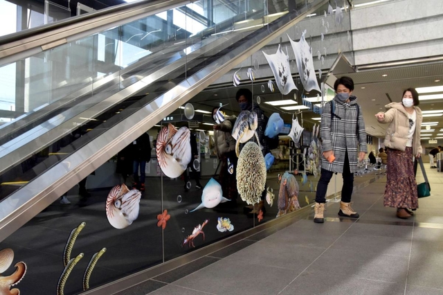 エスカレーターの横面を彩った作品群＝川西市役所