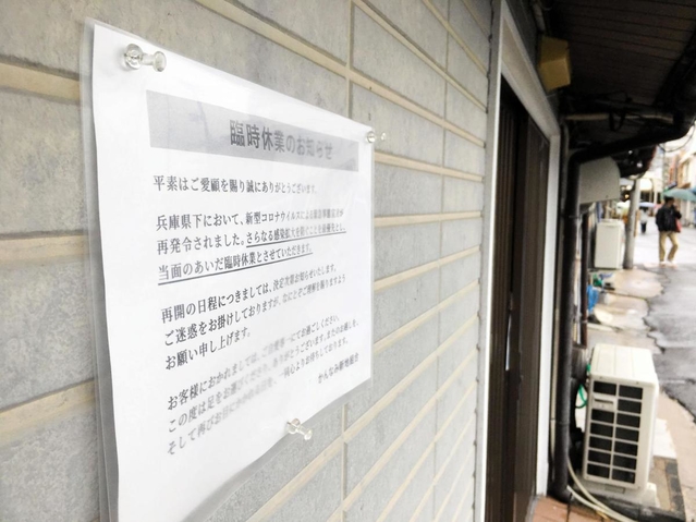 緊急事態宣言中の休業を告げる貼り紙＝尼崎市神田南通３