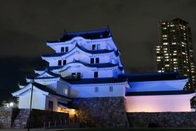 青色の光に照らされた尼崎城＝２３日夜、尼崎市北城内（撮影・村上貴浩）