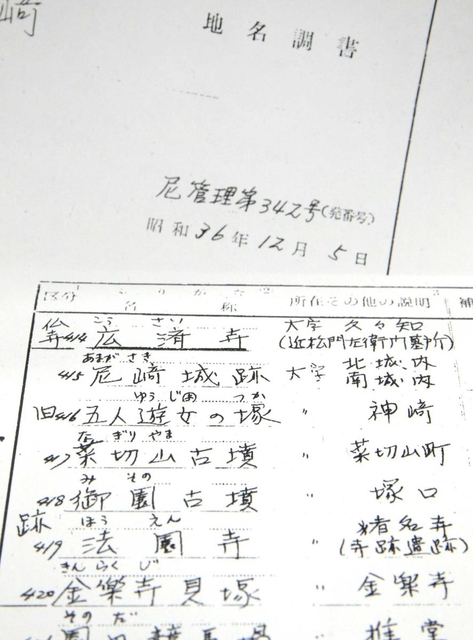 １９６１（昭和３６）年に尼崎市が地名申請した書類。「菜切山」ではなく「菜切山古墳」とした