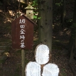 坂田金時の墓の前にある説明書きが貼られたヒノキ材。スキットルに似ている＝川西市満願寺町