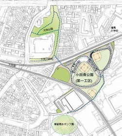 尼崎市が一体整備を検討している小田南公園周辺のエリア（市提供）