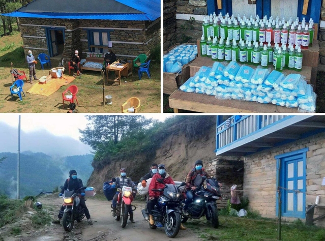 「夢広の会」が調達したマスクと消毒液（右上）をバイクで輸送したパタンジェ村民（下）と、村の集会所前で配る様子（左上）＝同会提供