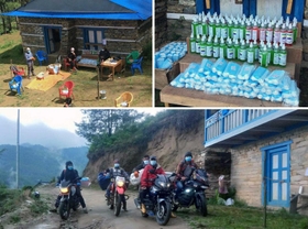 「夢広の会」が調達したマスクと消毒液（右上）をバイクで輸送したパタンジェ村民（下）と、村の集会所前で配る様子（左上）＝同会提供