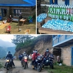 「夢広の会」が調達したマスクと消毒液（右上）をバイクで輸送したパタンジェ村民（下）と、村の集会所前で配る様子（左上）＝同会提供