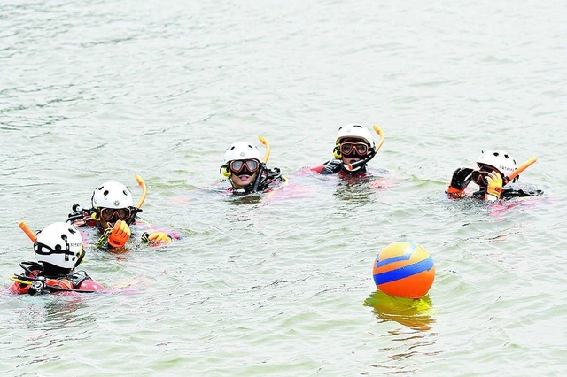 海へ入る潜水隊員たち＝芦屋市内（市広報国際交流課提供）