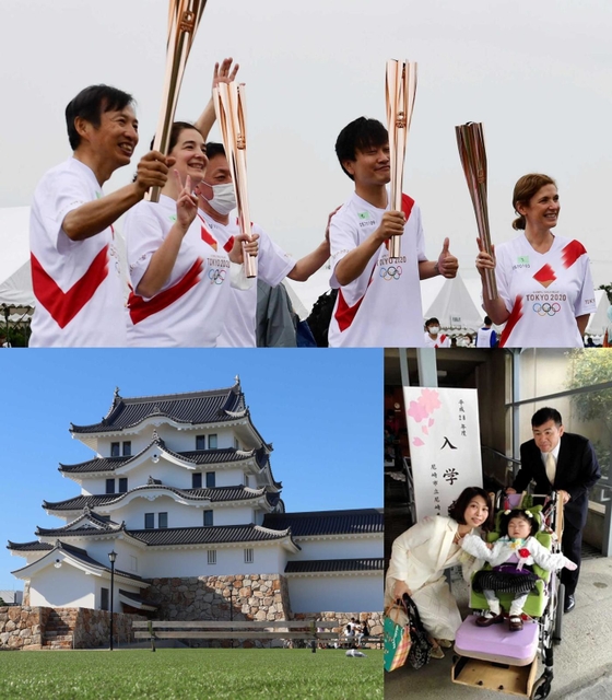 （上）篠山城跡で出走前に記念撮影をする聖火ランナーたち＝丹波篠山市（下右）上木由紀子さんと望愛さん、英明さん（提供）（下左）尼崎市の聖火リレーでゴールとなる予定だった尼崎城＝尼崎市北城内
