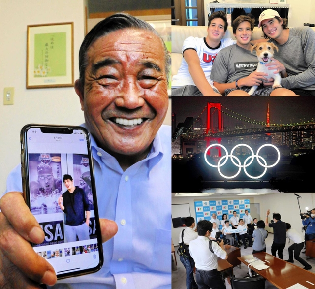 【右上】三つ子の末っ子、ジェイ・リザーランド選手（中央）【右中】ライトアップされた五輪マーク【右下】西宮市長を訪ねた大矢勇気選手の記者会見【左】孫のジェイ・リザーランド選手の写真を見せる中村孝さん