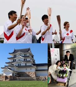 （上）篠山城跡で出走前に記念撮影をする聖火ランナーたち＝丹波篠山市（下右）上木由紀子さんと望愛さん、英明さん（提供）（下左）尼崎市の聖火リレーでゴールとなる予定だった尼崎城＝尼崎市北城内