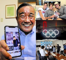 【右上】三つ子の末っ子、ジェイ・リザーランド選手（中央）【右中】ライトアップされた五輪マーク【右下】西宮市長を訪ねた大矢勇気選手の記者会見【左】孫のジェイ・リザーランド選手の写真を見せる中村孝さん