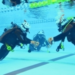 プールでの訓練。命綱になる検索ロープを操る＝芦屋市内（市広報国際交流課提供）