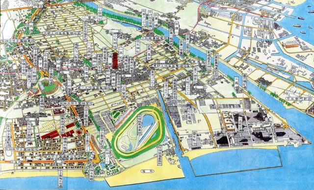 １９４２年の鳴尾村を再現した鳥瞰（ちょうかん）図。競馬場の場所が鳴尾飛行場になる（「鳴尾村誌」より）