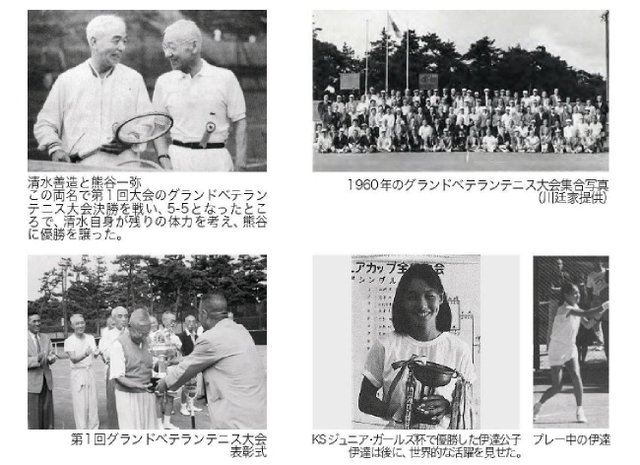 芦屋国際ローンテニスクラブのパネル写真。右下は伊達公子さん。左上は同クラブの会員で世界的なプレーヤーだった清水善造さんと熊谷一弥さん＝芦屋市立美術博物館
