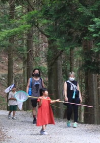 虫探しをしながら山道を歩く家族連れ＝川西市黒川