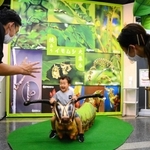 スミナガシの幼虫を模した「イモムシベンチ」に座る子ども＝伊丹市昆虫館