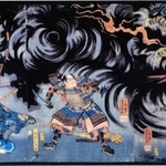 源頼政が京都でぬえを退治する様子を描いた浮世絵。伝説は数々の絵画や芸能、文学作品になっている（人と自然の博物館提供）