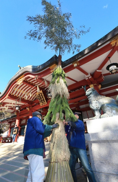 拝殿前に設置された「逆さ門松」＝西宮神社