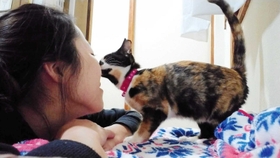 田中美紗さんと保護猫のチロ（田中さん提供）