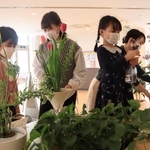 手分けして花を手入れするメンバーたち＝神戸市北区藤原台中町１、市立北神図書館