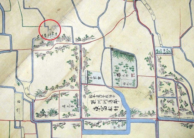 江戸時代の古地図には、城があったことを示す字名（赤い〇印）が見える（尼崎市立歴史博物館提供）
