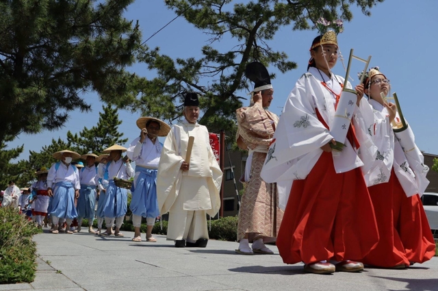 「めぐみ広田の大田植え」の参道を交信する行列＝西宮市大社町、広田神社