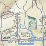江戸時代の古地図には、城があったことを示す字名（赤い〇印）が見える（尼崎市立歴史博物館提供）