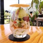 「苔パフェ」。カフェの外にはモデル庭園も＝ファミリーガーデン陽春園