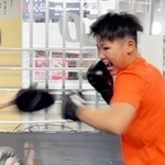 気迫を込めてミット打ちをする井上君＝西宮ＮＥＯボクシングジム