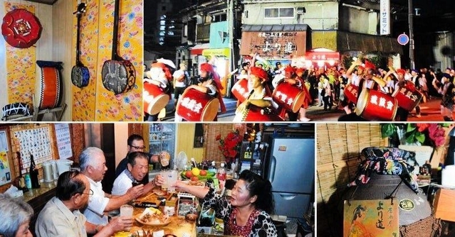 沖縄料理店「より道」の外観と店内に飾られる三線など。（左）（下）は常連客と話す末安喜代子さん（右）＝尼崎市戸ノ内町６