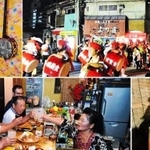 沖縄料理店「より道」の外観と店内に飾られる三線など。（左）（下）は常連客と話す末安喜代子さん（右）＝尼崎市戸ノ内町６