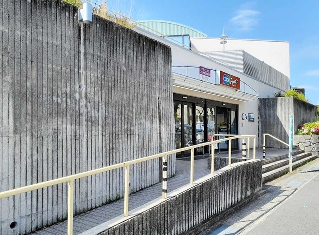 建物の周囲に造成され、地盤面を引き上げることになった擁壁（手前と出入り口右側の壁）＝西宮市新甲陽町