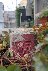 出屋敷西公園の北側に残る境界杭。表面には「阪」の文字が刻まれている＝尼崎市南竹谷町２